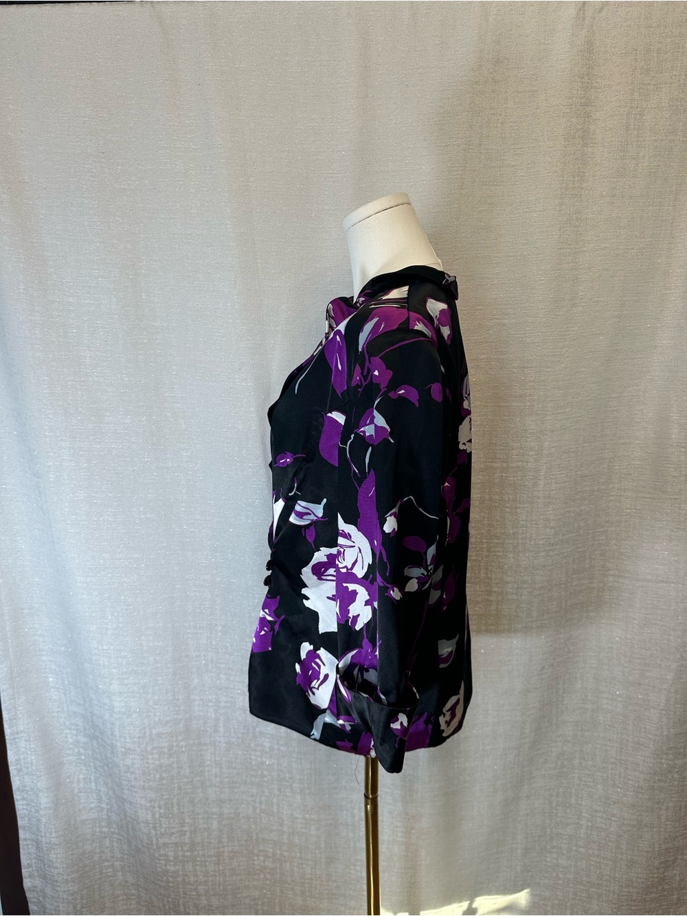 Alex Evenings Floral Satin Faux-Wrap Blouse Jacket Portrait Collar Purple Black - Picture 4 of 15